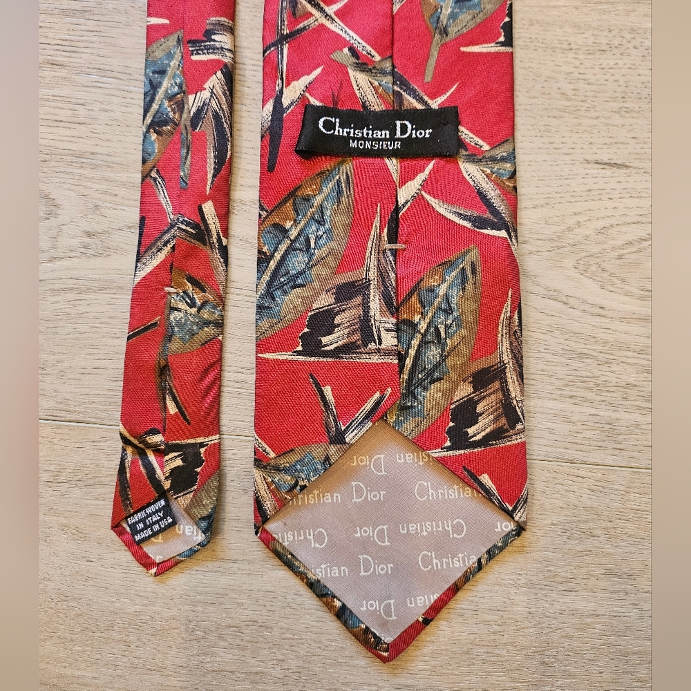 Vintage Christian Dior Red Silk Tie with Multicolor Leaf Motif